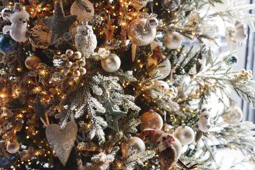 Visualização: Árvore de Natal elegante com enfeites prateados e luzes douradas na sala festiva. Feliz Natal