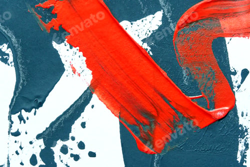 Preview: Bold abstract art with dynamic red brushstroke on textured canvas for modern