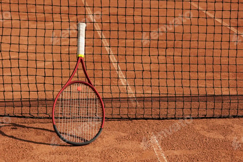 Preview: tennis racket is at net tennis court made of red clay soil with markings for game or competition