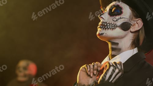 Preview: Female adult in halloween costume with skull body art