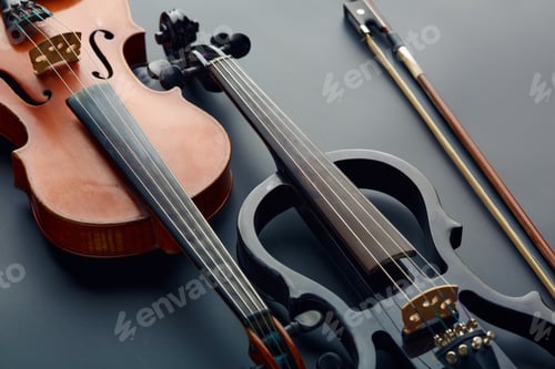 Preview: Bow, wooden retro violin and modern electric viola