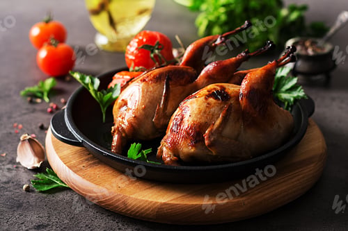 Preview: Baked quails in pan on a dark background