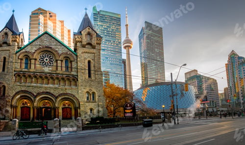 Preview: Panoramic view of St Andrew's Presbyterian Church and CN Tower - Toronto, Ontario, Canada