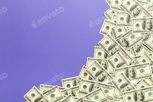 Preview: One hundred dollar banknotes on colored background top view, with empty place