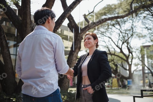 Preview: Business partners shaking hands outdoors celebrating successful agreement