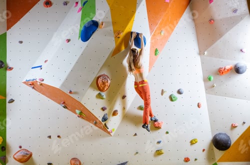 Preview: Young woman climbing bouldering route