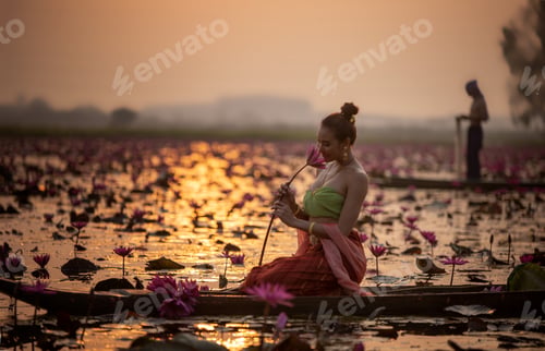 Preview: Young Asian women in Traditional dress in the boat and pink lotus flowers in the pond.