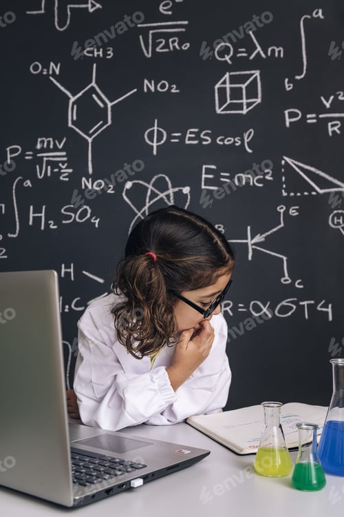 Preview: little scientist girl studying with a computer