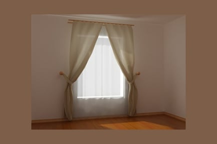 Preview: Room interior with tied sheer curtains and wall shelf