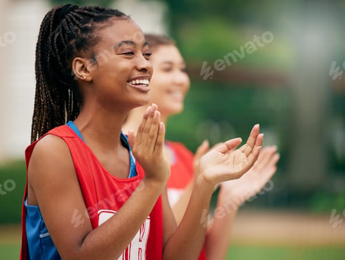 Preview: Black woman, sports cheerleader and applause for team in support, motivation or positive attitude i