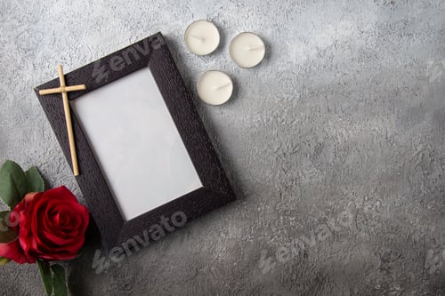 Preview: top view picture frame with candles and red flower on white surface photo death war soldiers