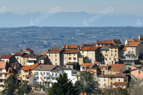 Preview: Aerial view of dense historic center of Thiers town in Puy-de-Dome department
