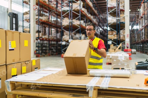 Preview: Warehouse worker preparing cardboard box for shipping