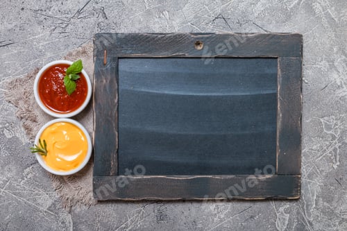 Preview: Bowls of cheese and tomato sauces with chalk board