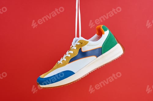 Preview: Colorful Sneaker Suspended on Red Backdrop