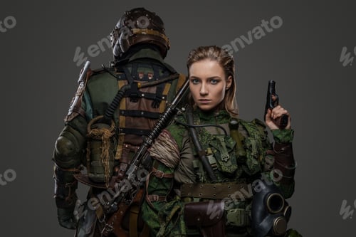 Preview: Female soldier with her camaraderie against gray background
