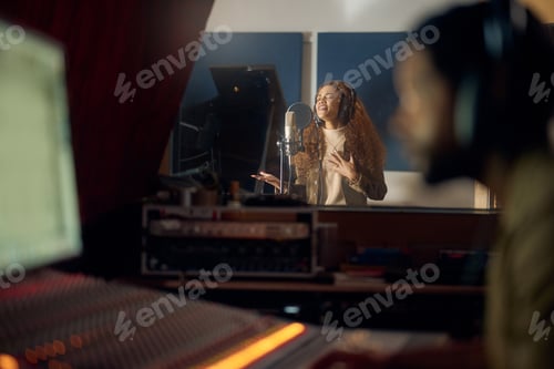 Preview: Woman, singing or studio recording microphone for album, audio or radio music cover in night produc
