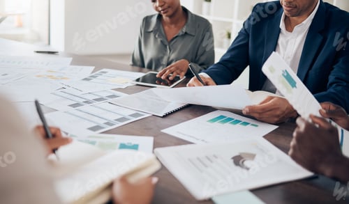 Preview: Paper documents research, business people hands and team planning data, budget logistics and market