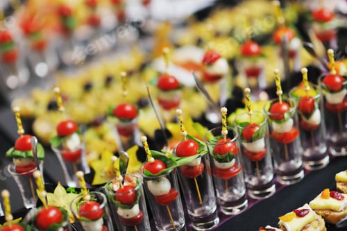 Preview: Buffed Food Closeup Of Fruits, Vegetables, Meat And Fish Arranged On Banquet Table