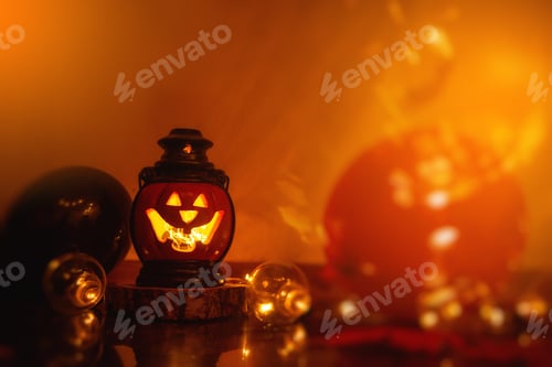 Preview: On wooden stand is Jack-O-Lantern pumpkin with colorful garlands inside. Template for postcards