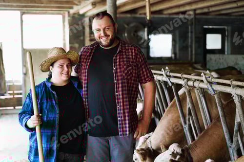 Preview: Young curvy farmers working inside cowshed - Focus on man face