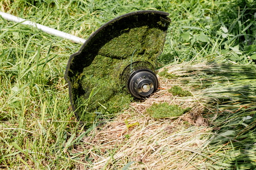 Preview: part of an electric lawn mower in the grass, closeup