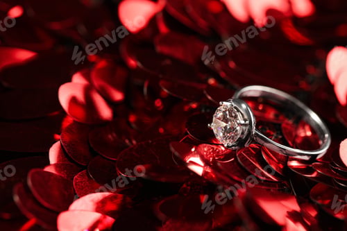 Preview: Beautiful engagement ring on red shiny paillettes, closeup. Space for text