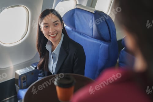 Preview: Businesswoman smiling and talking to flight attendant on airplane