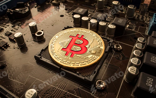 Preview: Gold Bit Coin BTC coins on the motherboard. Bitcoin is a worldwi