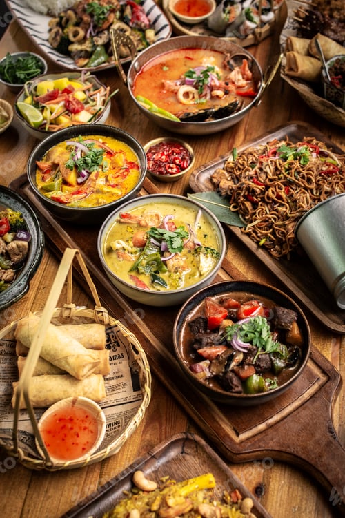 Preview: many different thai food dishes on table in modern restaurant in bangkok thailand