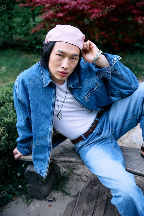 Preview: Stylish young man captures attention in denim outfit while relaxing in peaceful park
