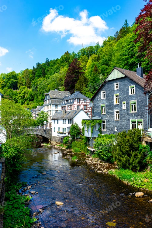 Preview: Houses along the Rur River in the historic center of Monschau, Germany