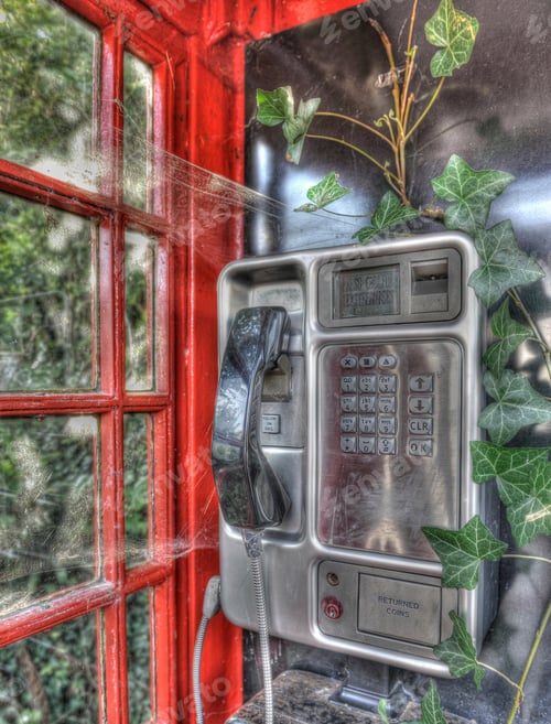 Preview: Disused telephone booth with ivy growing inside