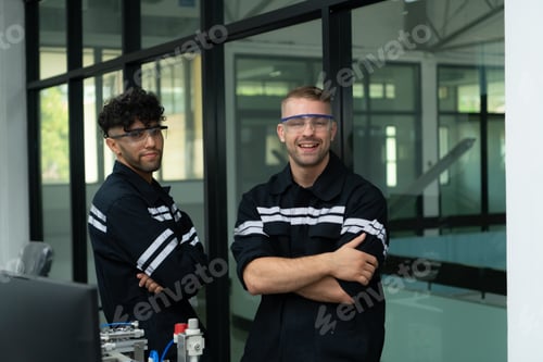 Preview: Portrait of students studying robotic hand technology are learning