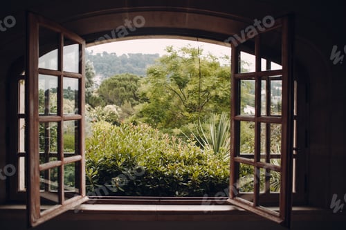 Preview: Opened old window and beautiful garden
