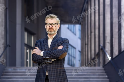 Preview: Portrait of mature successful boss, gray haired businessman looking at camera with crossed arms