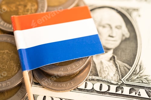 Preview: Stack of coins with Netherlands flag and US dollar banknotes.