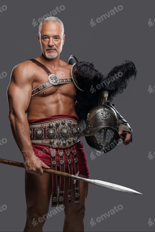 Preview: Gladiator in lightweight historical armor against grey studio background