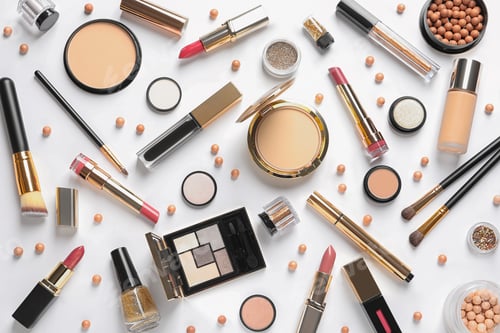 Preview: Different luxury makeup products on white background, top view