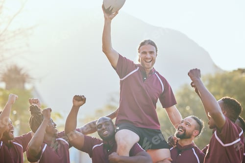 Preview: Portrait, sports and rugby team celebrate teamwork, carry player and happy for game victory, compet