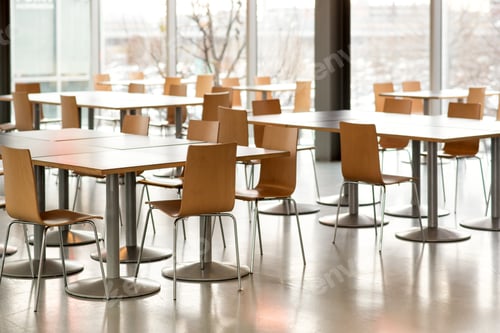 Preview: Interior of empty canteen with tables and chairs
