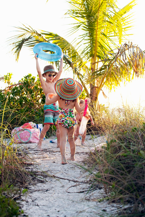 Preview: Boy and two sisters playing and collecting seashells at beach, Sanibel, Florida, USA