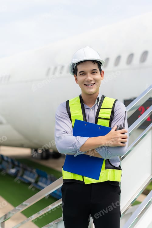 Preview: Portrait of male engineer wearing a white hard hat standing inspecting and maintaining an aircraft.
