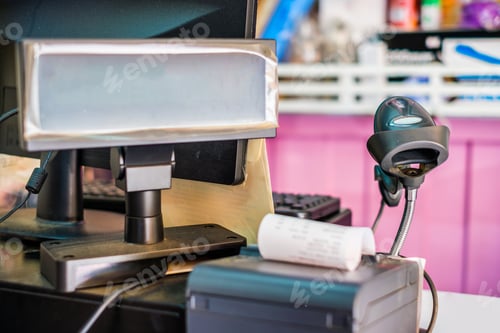 Preview: Counter cashier with manual scanner barcode and price label