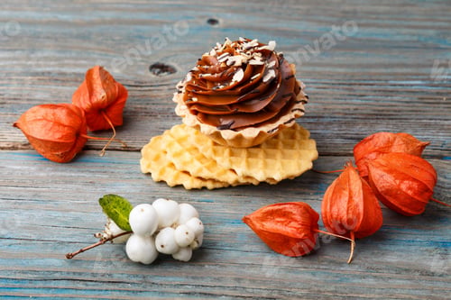 Preview: Sweet waffle, cake with cream and physalis on a wooden background
