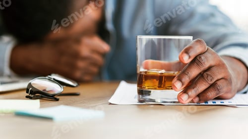 Preview: Drunk black employee sleeping at workplace, holding glass with alcohol