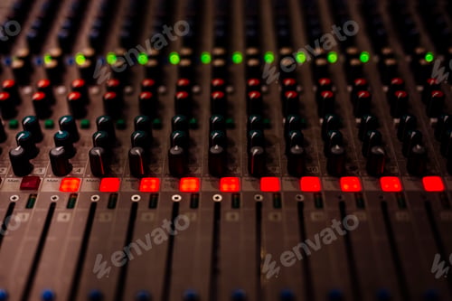 Preview: Closeup of an audio sound mixer control panel
