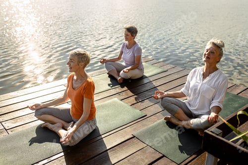 Preview: Group of senior woman doing yoga exercises by the lake.