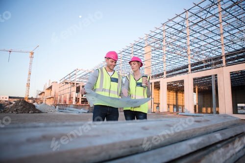 Preview: Surveyor and architect looking at blueprint on construction site