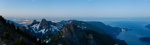 Preview: Panoramic landscape view of Howe Sound during a vibrant summer sunrise